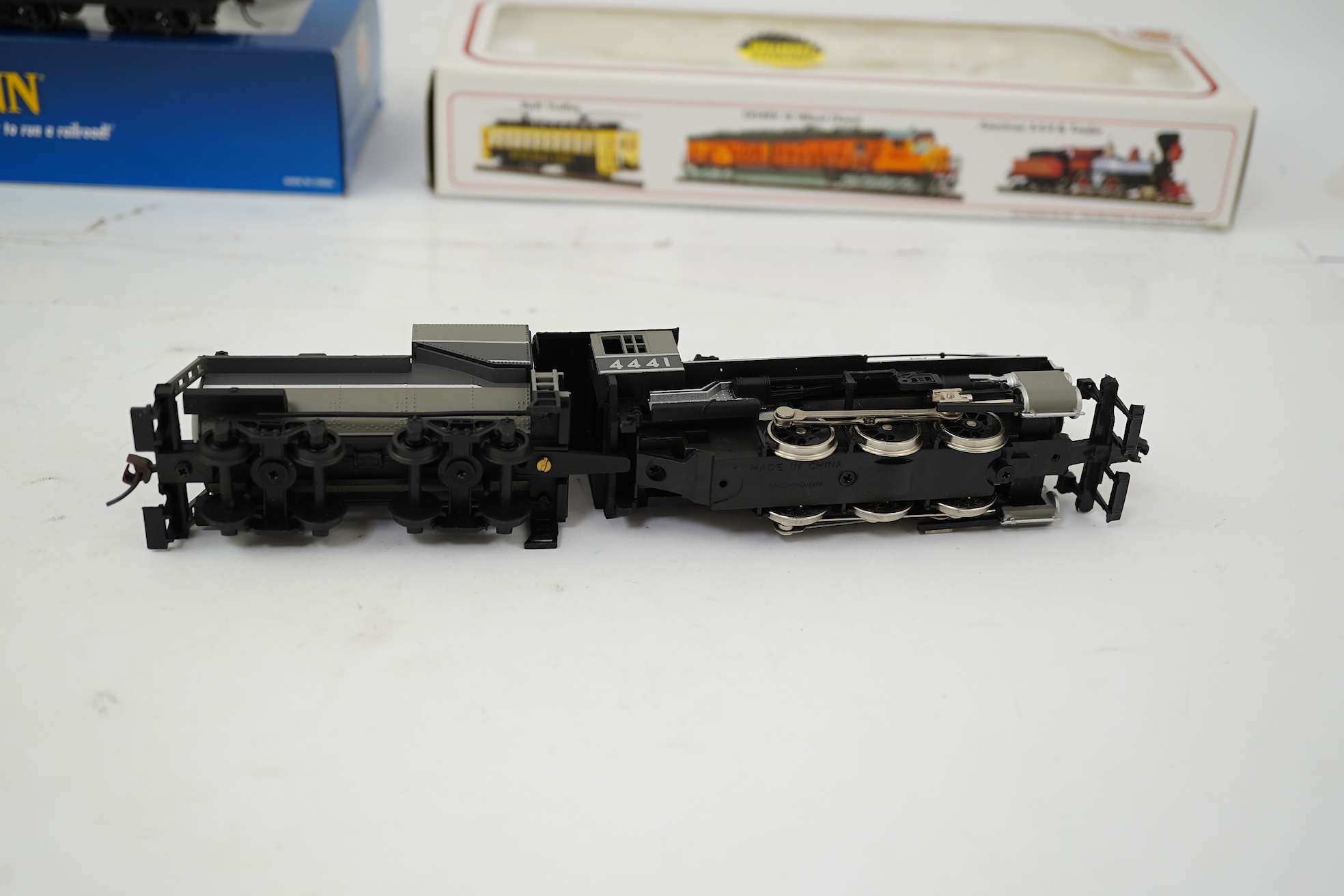 Three boxed HO gauge Bachmann Union Pacific locomotives; (51705) model of ALCO, 41, 2-6-0 locomotive with bogie tender, together with (51501) model of Prairie, 1836, 2-6-2 locomotive with bogie tender, and (50701) model